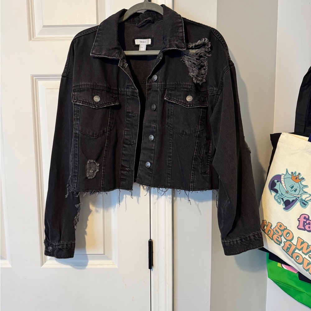 Forever 21 Black Distressed Jean Jacket